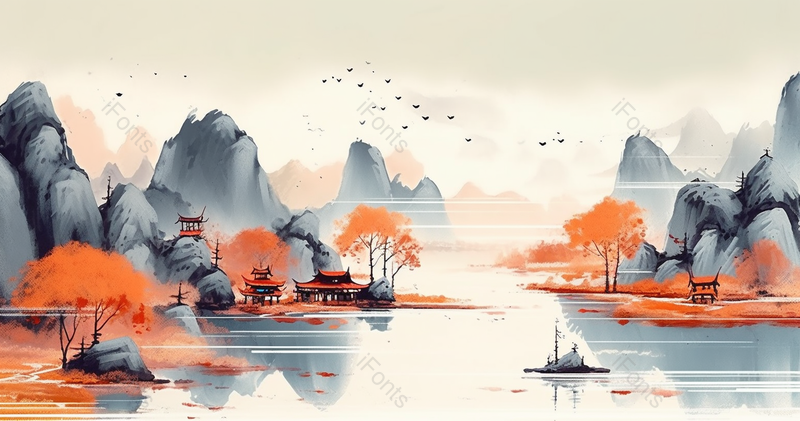 中国风水墨秀丽山河秋季枫林自然美景,插画/手绘图,插画/手绘图库,插画/手绘图下载,插画/手绘